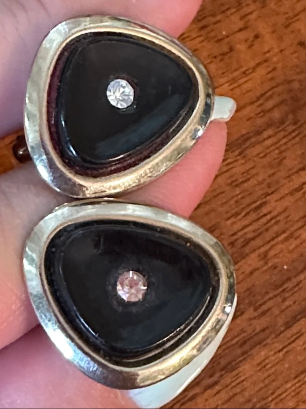 Vtg Mid Century Gold‎ Tone & Black Stone Triangle Cufflinks with Tiny Rhinestone